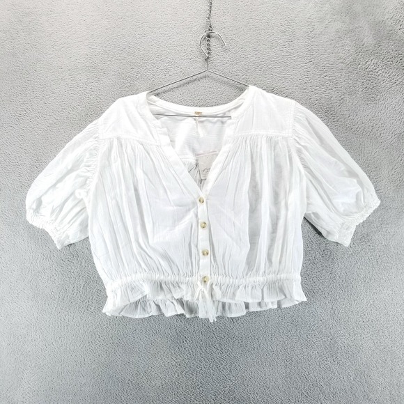 Free People Tops - Free People Blouse Womens L White Puff Sleeve Button Front Crop Boho Ruffle Hem